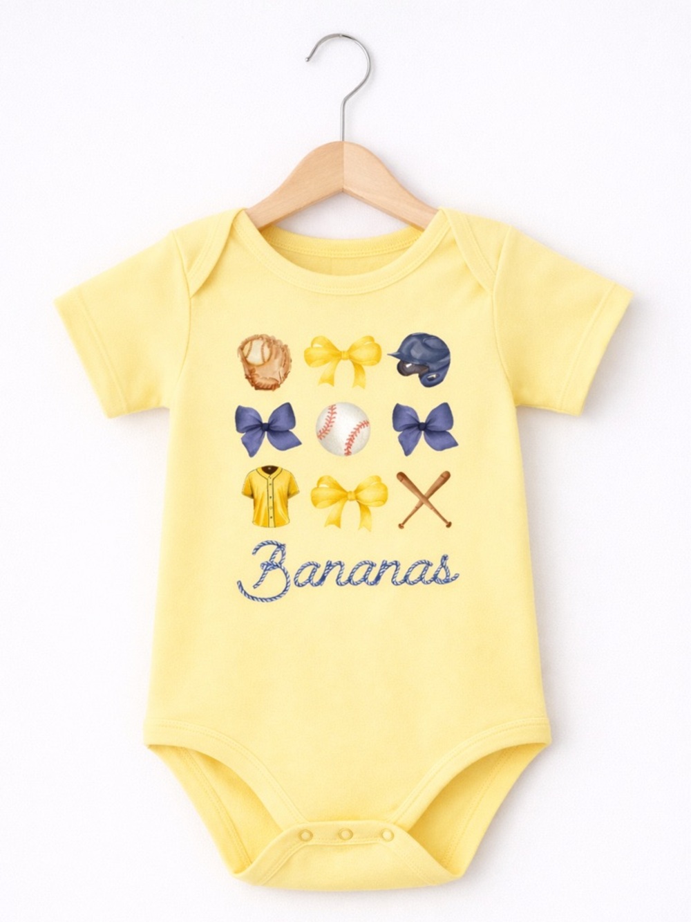 NWT Savannah Bananas Baseball Bow Baby Bodysuit, Yellow, 12M